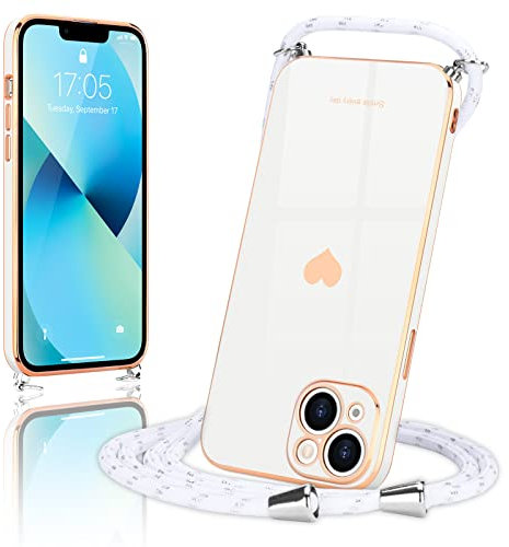 Wirvyuer Handyband Kompatibel mit iPhone 13 Handyhülle Necklace Hülle mit Band zum Umhängen Kameraschutz Liebesherz Schutzhülle mit Halsband Galvanik Silikon Umhängetasche für iPhone 13 Weiß