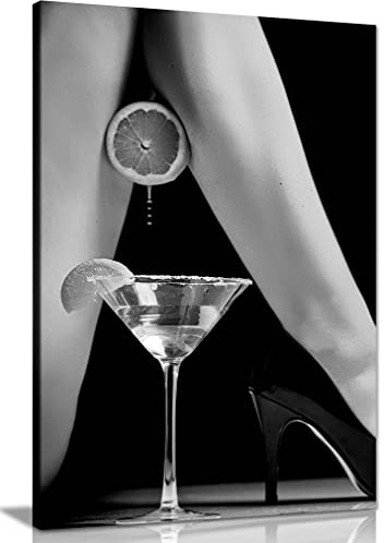 Panther Print Fine Art Prints Black & White Woman High Heels & Cocktail Artistic Framed Canvas Print, Pictures for Home Walls, Bedroom, Living Room & Bathroom Decor 31x20cm (12x8in)
