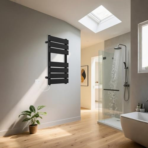 Warmehaus Minimalist Black Flat Panel 300W Electric Heated Warming Towel Rail Bathroom Radiator 650x400mm