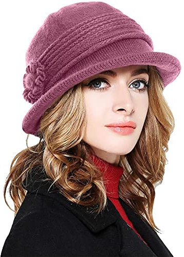 Yutdeng Beanie Damen mit Schirm Frauen Winter Strickmütze Warm Gestrickt Bucket Hüte Elegant Fischerhut Dicke Crochet Mütze mit Visor Mode Beanie Cap Weich,Rosarot,One Size