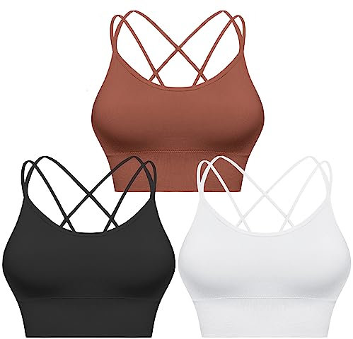 Sykooria Sport BH Damen Gepolstert Bustier Damen BH ohne Buegel Spaghettiträger Cross Back Design Push up BH Sport Bra Top für Yoga Fitness, Schwarz+Weiß+Braun, S