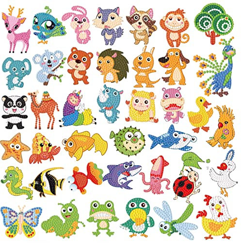O-Kinee 40 Stück Diamond Painting Kinder, 5D DIY Diamant Aufkleber, Diamond Painting Sticker Set, Tier Diamant Painting für Mädchen Junge Spielzeug Weihnachten Kindertag Geschenke Geburtstagsgeschenk
