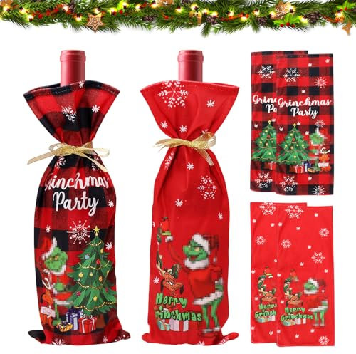 4 Sacs Cadeaux de Noël pour Le Vin, sacs pour bouteille de vin de Noël, accessoires de vin, cadeau réutilisables, sacs cadeaux pour la maison, dîner, fête, décoration de table