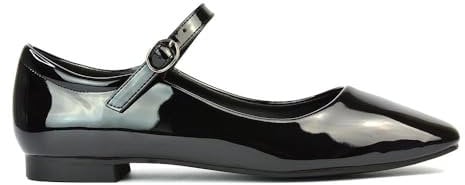 ESSEX GLAM Womens Mary Jane Ballet Shoes Ladies Flats Buckle Strap Square Toe Black Patent Dolly Pumps Size 5