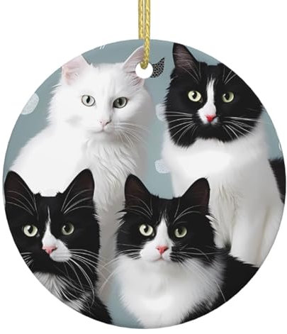 Weihnachtsschmuck – Keramik hängende runde Christbaumschmuck Kugeln – Urlaub Ornamente Dekoration Geschenkideen – schwarze und weiße Katzen