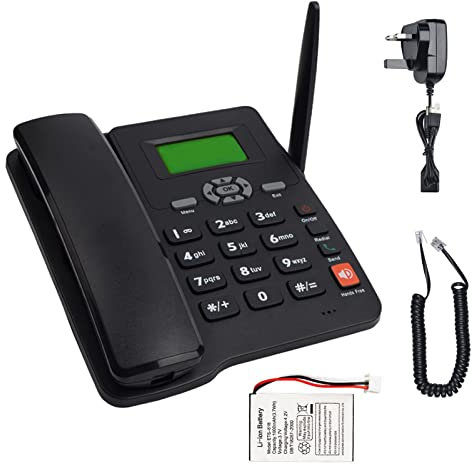 Wireless Quad Band GSM Desk Phone, Desktop Style Phone With SIM Card Slot, LCD Display Date/time/signal Strength/battery Capacity, For Home Office Hotel Landline Phones,Dual SIM, Black Desktop Telepho