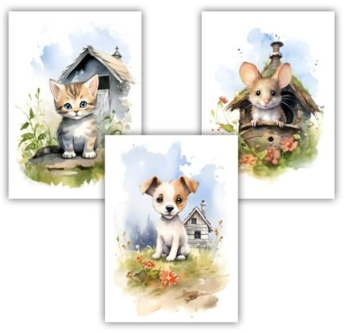 Samunshi® 3x Kunstdruck Bauernhof Tiere Set Maus Hund Katze Kunstdruck Bilder Deko Jugendzimmer Kinderzimmer Kinder Junge Mädchen Geburtstag DIN A4 21x29,7cm