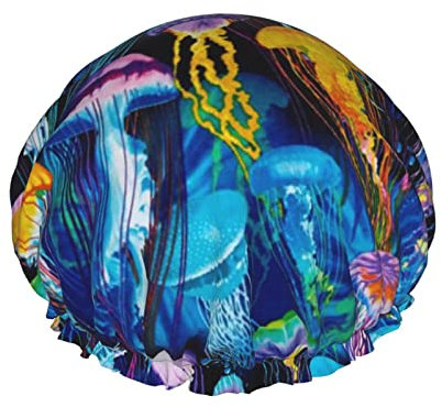 Sealife Vacation Jellyfish Shower Caps for Women, Elastic Reusable Bathing Hair Cap Environmental Protection Hair Bath Caps, Double WaterproofBathing Shower Hat