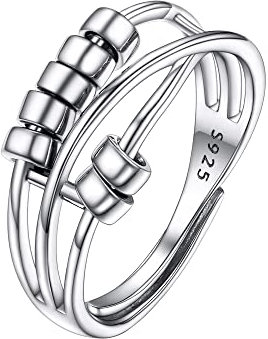 PROSILVER Damen Spinner Ring 925 Silber, Anxiety Ring mit drehenden Kugeln Verstellbar Anti-Stress Ring Fidget Ring Schmuck
