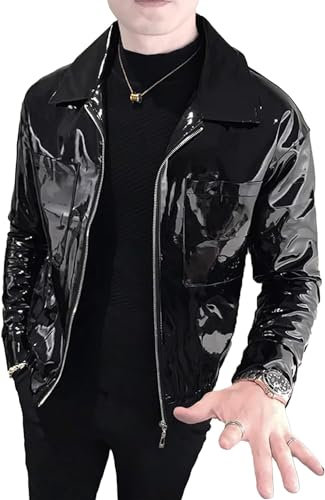 Glänzendes schlankes metallisches Herren-Mantel schlank PVC mit Reiß Verschluss Baseball-Jacke Biker Jacke glänzendes schlankes dehnbares Oberteil (Schwarz,M)