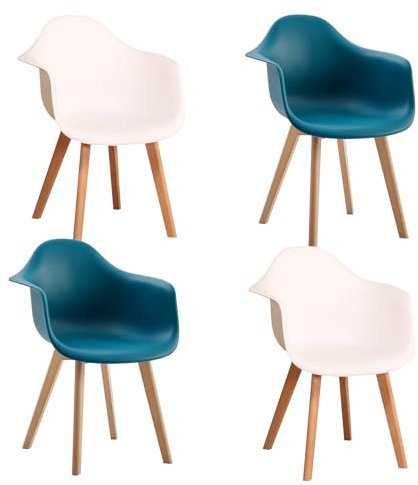 EGOONM 4er Set Esszimmerstuhl mit Beinen aus Buchenholz, Nordische Stühle für Schlafzimmer, Wohnzimmer, Küche (Weiß+Seeblau)