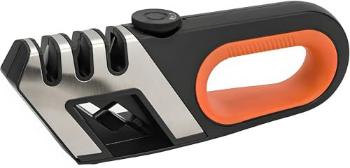 ZENEXUS 3-Stage Manual Knife Sharpener Professional, 4 in 1 Knife Sharpener with Scissors Sharpener, Ergonomic Knife Sharpening, Stainless Steel & Ceramic Kitchen Knife Sharpener (Yellow)