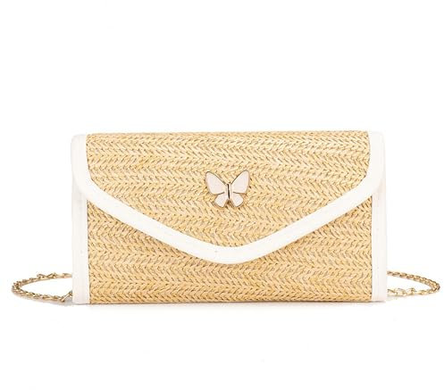 TOFBS Strandtasche Damen Strohtaschen Crossbody Strand Tasche Mode Schultertasche Stroh Clutch mit Abnehmbarer Kette für Damenreisen Party Freizeit (Weiß)