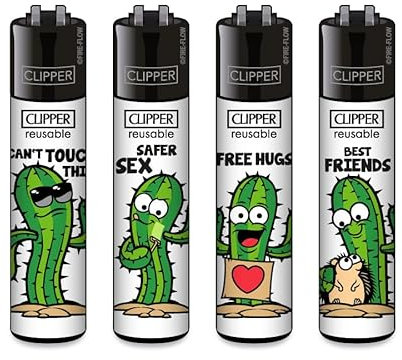 Clipper Feuerzeuge, Set mit 4 Stück, außergewöhnliche Motive (Kaktus)