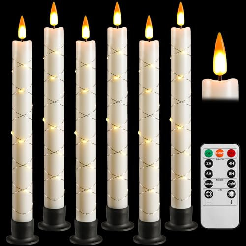 Da by LED Stabkerzen mit Fernbedienung und Timer, batteriebetriebene Kerze mit Lichterketten, 3D dynamisch simulierte Flamme, 6 schwarze Basen, 6 Stück, elfenbeinfarbene für Wohnkultur