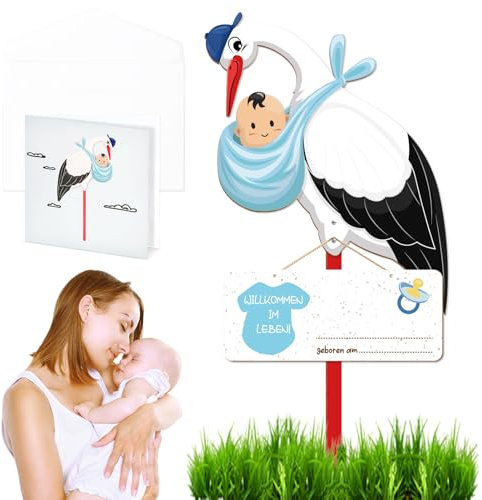 Klapperstorch SET zur Geburt Baby, Baby Geburt Blau Klapperstorch Set Geburtsstorch inkl. Holzstab+ Namensschild+ Grußkarte, Wetterfest Storch zur Geburt Klapperstorch Geburtsgeschenk