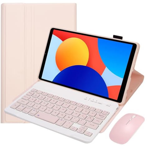 HLTOOP Custodia con Tastiera per Redmi Pad SE da 8,7 Pollici, Tastiera Wireless Rimovibile con Mouse Tablet, Cover Posteriore Morbida,Rosa