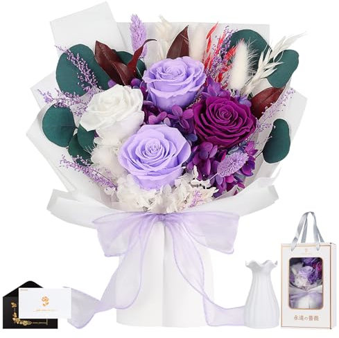 MAMAMIKO Rosa Stabilizzata Vera con Vaso, Mazzo di Fiori Stabilizzato, Rose Eterna Regalo San Valentino,Compleanno, per Lei Donna Fidanzata Mamma Ragazza,Festa della Mamma,Anniversario Regali(Viola)