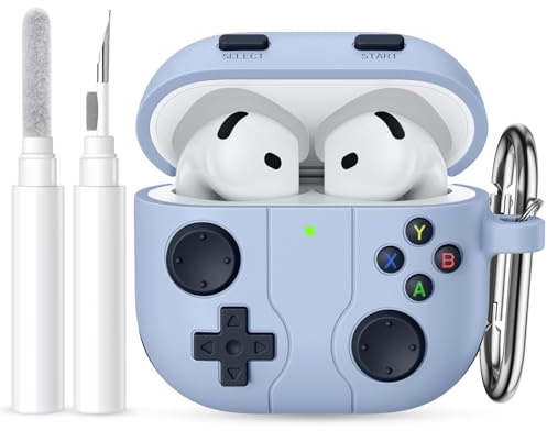 Ouwegaga for Airpods 4 Case Cover 2024 with Cleaner Kit, Classic Handheld Game Console Design Shockproof Protective Case Compatible with Apple AirPods 4th Generation Case, With Carabiner, Lilac