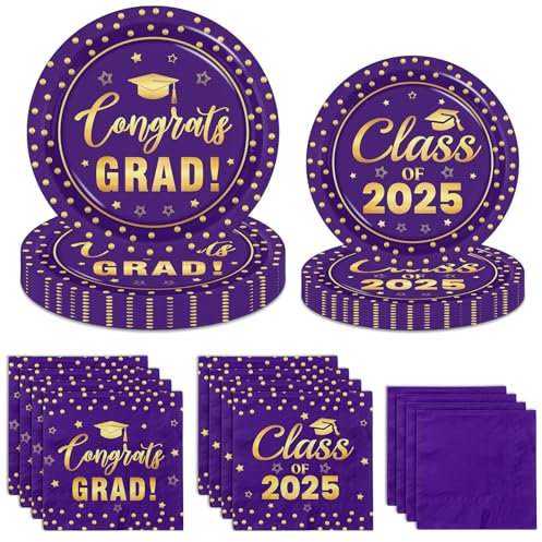 Purple and Gold Graduation Paper Plates and Napkins Serve 50, Polka Dots Graduation Decorations Class of 2025 Congrats Grad Decorations for College High School Grad Party Supplies