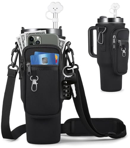 Sac Pour Stanley Cup 1,2 L / 40 Oz Stanley Cup, Porte Bouteille Thermos avec Compartiment Pour Téléphone Portable, Mousqueton et Bandoulière Réglable, Sac Isotherme Bouteille pour Randonnée, Camping
