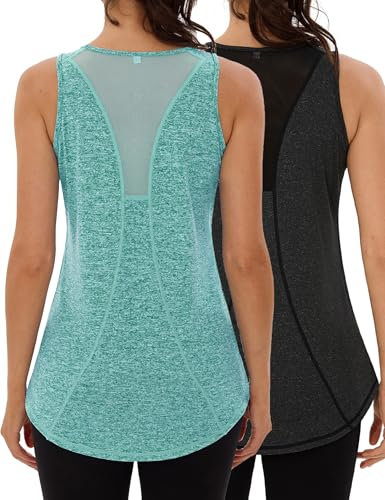 Wayleb Sporttop Damen 2er Pack Fitness Ärmelloses Rundhals Sport Tanktop Leicht Atmungsaktiv Sportshirt Mesh Rücken Lauftop Fitness Yoga Tank Top Oberteile, Schwarz/Seeblau 3XL