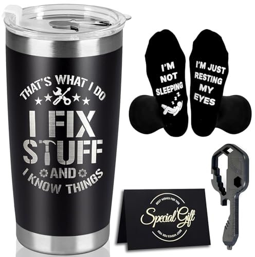 Fathers Day Gift For Dad - Birthday Gift Sets for Dad from Daughter, Son, Gift Ideas for Father, Valentines Anniversary Present for Him, Greeting Card, Keychain, Socks - 20oz Tumbler Mechanic Gifts