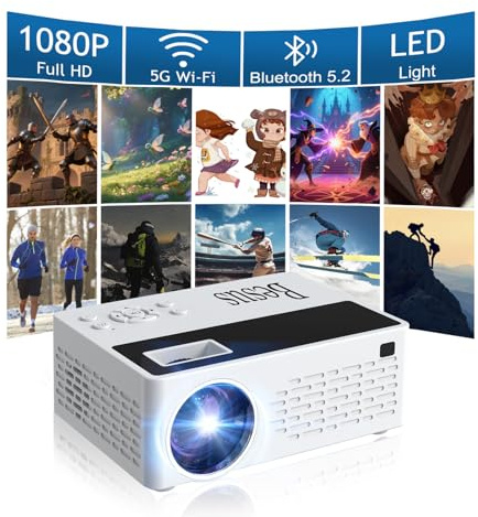 BESUS [Applications intégrées] Projecteur intelligent Bluetooth 5G WiFi, livré avec un mini support, mini projecteur avec haut-parleur stéréo, projecteur portable Full HD 1080p, compatible avec TV