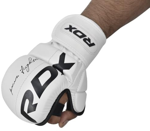 RDX MMA Sparring Gloves Martial Arts, Muay Thai, Kickboxing, Ventilated Open Palm for Grappling, Karate Mitts for Adults (Full White, M)