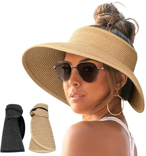 EDLMKM 2 Pcs Sun Visor Hat with Wide Brim Straw Roll-Up Ponytail Summer Beach Hatt, SStraw Hat Women Visor Hats, Foldable Straw Sun VisorHats, Foldable Hatt
