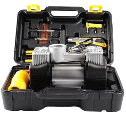 Caja Herramientas Compresor Aire 12V | Inflador Doble Cilindro 200W Alta Presión | Kit Emergencia Para Moto, Auto, Camping | Pantalla Digital + 6 Accesorios | ABS+Metal Portátil Para Viajes