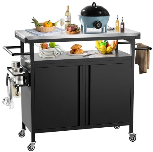 Nessxa Outdoor-Grillwagen Barwagen mit Aufbewahrungsschrank für Grillzubehör, XL tragbarer Outdoor-Grilltisch mit Edelstahlplatte für Küchenvorbereitung, Rasen & Garten (schwarz)