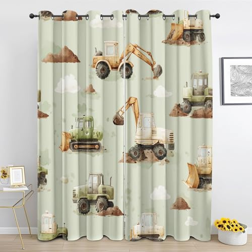 Generisch Karikatur Bagger Vorhang, Baufahrzeuge Gardinen mit Ösen 2er Set Verdunkelungsvorhang - LKW Fahrzeug Vorhänge, Wohnzimmer Schlafzimmer Kinderzimmer Blickdichte vorhänge, 137x117 cm