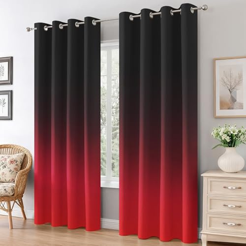 Generisch Schwarz Rot Verlauf Vorhänge Wohnzimmer, Vorhang Blickdicht Rot Schwarz Farbverlauf Gardinen mit Ösen Schlafzimmer, Thermo Verdunklungsvorhänge 2er Set H200 x B140 cm pw&67