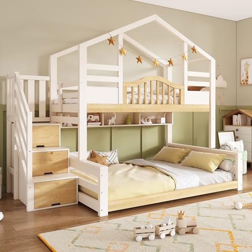 Ball & Cast Double Bunk Bed,Children's triple sleeper Bunk beds,with Storage Stair&Shelf&Fall Protection and Railings&Smallhouse Shaped Design, Solid Wood, White&Natural(90+135) x190cm