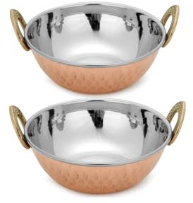 Zap Impex Lot de 2 plats indiens en cuivre et acier inoxydable martelé Karahi pour plats indiens et pièces de service 15 cm de diamètre