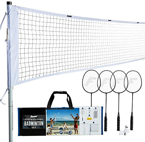 Franklin Sports Unisex-Erwachsene 4 Aluminium-Schläger, 2 Vögel, verstellbares Netz und Heringe – Hinterhof oder Strand Badminton-Set – einfache Einrichtung – Profi, weiß/schwarz, Einheitsgröße