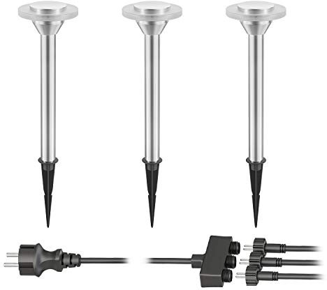 ledscom.de 3er Set LED Gartenleuchte ALF chrom matt mit Erdspieß für außen, IP44, je 71lm, kalt-weiß