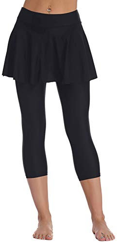 Ecute Damen Schwimm Leggings Mit Rock Wassersport Bikinihose Schwimmenhose Lang Wassersport Sonnenschutz, L, Schwarz
