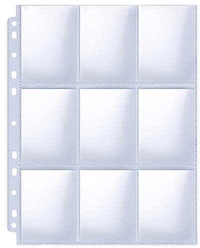 HERKKA Trading Card Sleeve Pages, 100 Pack 9 Pocket Trading Card Storage Album Pages 11 Holes Fit 3 Ring Binder