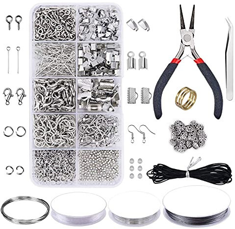 JIELUO Schmuck-Bastelzubehör – Schmuck-Werkzeug-Set mit Schmuckzange, Perlendraht, offener Biegering, Karabinerverschlüsse, Halskette, Kordel, Bandenden, Schmuck