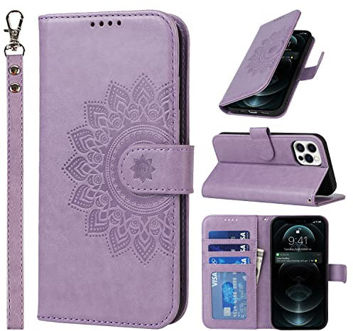 ELTEKER Handyhülle für iPhone 12 Pro Max Hülle Klapphülle, [3 Kartenfächer] [Magnet Verschluss] Eleganter Prägung Schutzhülle Ledertasche Hülle für iPhone 12 Pro Max, Violett