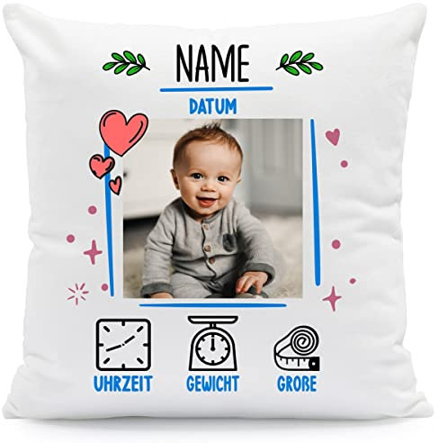 Bedrucktes Kissen mit Foto - Herzliche Geschenke - personalisiert mit Name Babyfoto & Geburtsdaten - Geschenk für Mama Papa Eltern zur Baby Party Geburtstag Weihnachten - mit Füllung - Farbe: Blau