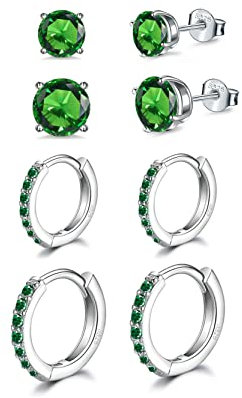 4 Paar Ohrstecker Ohrringe Set Silber Ohrstecker Grün Weißgold Kleine Creolen Sleeper Knorpel Huggie Silber Ohrringe für Damen Mädchen Herren (Grün)
