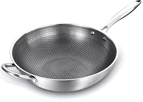 BONOCO 32 cm Padella Non Rivestita in Acciaio Inox Wok a Nido d'Ape Design Uniforme Riscaldamento per induzione elettrica e fornelli a Gas (Color : A Size : 32cm) (Color : A)