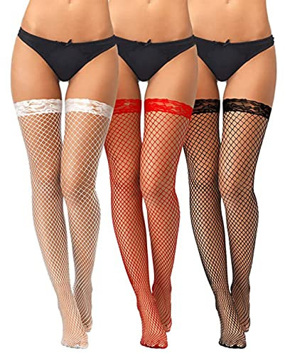 Medias de Red,3Pares Medias de Red Calcetines, Medias de Red Sexy, Altos de Muslo de Encaje, Medias de Encaje de Malla, Medias de Rejilla Hasta,Alta Medias de Rejilla de Calcetines,Blanco/Rojo/Negro