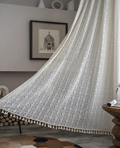 Tospass Vintage Vorhänge Boho Bohemien Vorhang Landhausstil Häkeln Stricken Beige Gardinen mit Quaste 2er Set Outdoor Baumwolle Leinen Gardienen für Wohnzimmer Schlafzimmer Curtains 150x180cm