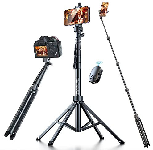 Fugetek Trípode profesional para selfie de 62 pulgadas, diseño estable de 4 patas, control remoto Bluetooth, 100% palo y patas de aluminio, ligero, portátil, todo en uno, compatible con iPhone y