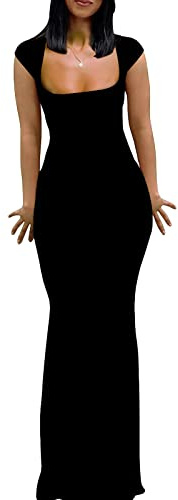 Black Dresses for Womens 2026 Summer Y2K Sexy Bodycon Maxi Cap Sleeve Tight Lounge Fitted Evening Party Wedding Guest Long Formal Dress M