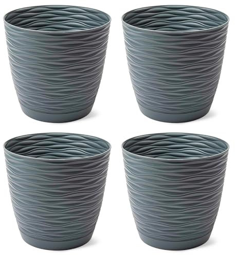 AC - Pack de 4 Macetas Redondas con Plato - Diseño Wind (Ø 19 cm) - Fabricado en plástico - Ideal para jardín Exterior, terraza o balcón - Color Antracita